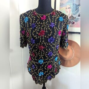 VTG Laurence Kazar Sequin Beaded Top Witchy Romantic 90s Fairycore Maximalist LG